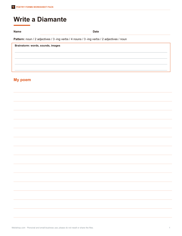 Preview of Printable Diamante Poem Worksheet