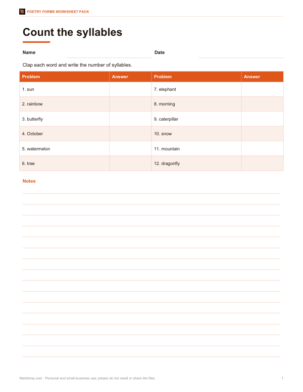 Preview of Printable Syllable Practice Worksheet